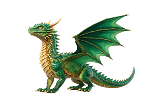 Green fantasy dragon with golden accents spread wings and spikes along neck in majestic pose, isolated on a transparent background