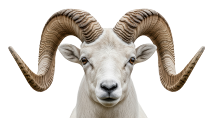 Isolated Dall sheep head with impressive horns against clean backdrop for wildlife designs