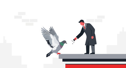 Fototapeta premium Embracing Nature: A Person Offers Food to the Pigeon on the Urban Landscape
