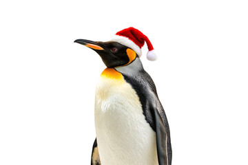 Naklejka premium King penguin wearing festive red Santa hat looking sideways with orange neck markings, isolated on a transparent background