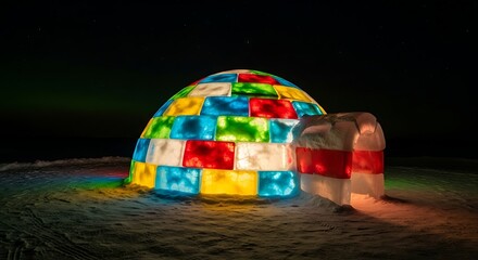Colorful Igloo Structure Illuminated at Night with Vibrant Lights.