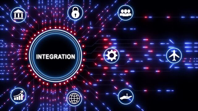 Businessman selecting and pressing an integration button on futuristic circuit board, technology background with digital interface and innovation concept.