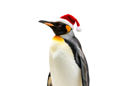 King penguin wearing festive red Santa hat looking sideways with orange neck markings, isolated on a transparent background