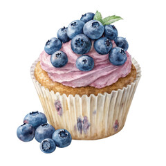 Watercolor Blueberry Cupcake With Pink Frosting And Berries isolated on a transparent background image