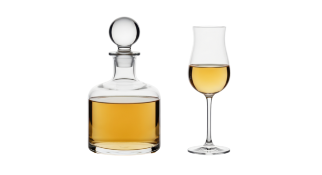 Isolated carafe with stopper and snifter, tasting spirits. Fine spirits on white backdrop.