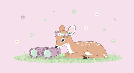 Enchanting Young Fawn with Floral Crown Inspecting Lilac Binoculars on Pastel Field