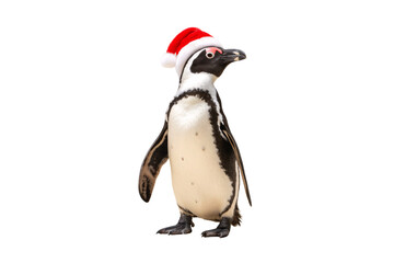 Fototapeta premium African penguin wearing red Santa hat standing upright with black and white plumage and orange beak, isolated on a transparent background