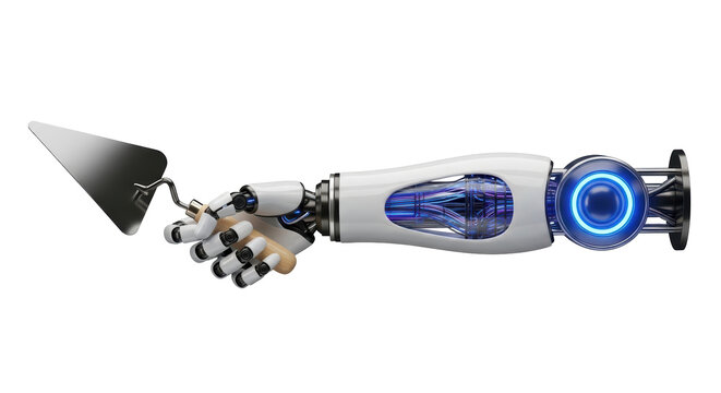 Isolated robotic arm holding a trowel, showcasing futuristic construction technology