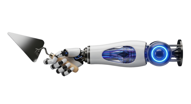 Isolated robotic arm holding a trowel, showcasing futuristic construction technology
