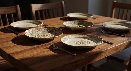 Rustic Dining - Warm Light on Wooden Table with Empty Plates and Chairs.