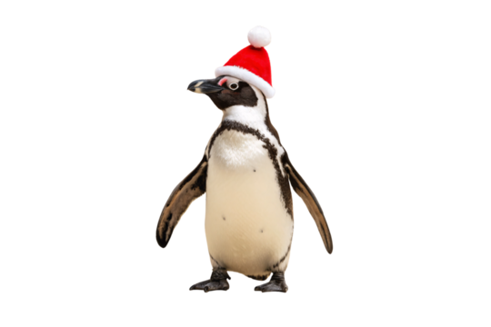 African penguin in red Santa hat positioned sideways showing distinctive black and white markings and webbed feet, isolated on a transparent background