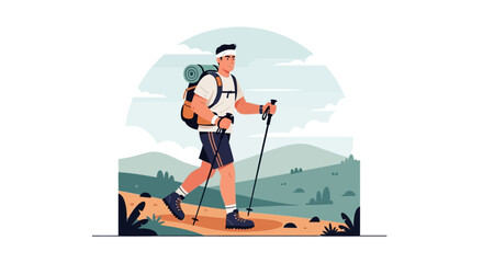 Energetic Hiker Ascending Mountain Path With Poles and Backpack During Adventure