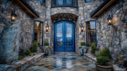 Fototapeta premium Stone entranceway with a striking blue door