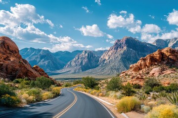 Fototapeta premium Scenic Road Through Red Rock Canyon with Majestic Mountains and Blue Sky, Natural Beauty in a Desert Landscape, Vibrant Colors and Dramatic Clouds
