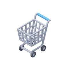 Isometric 3D pastel gray supermarket trolley icon with wire basket and simplified wheels in toy like matte textures isolated on white