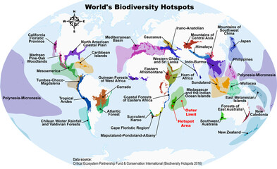 World map of global biodiversity hotspots, highlighting regions with high endemism and habitat loss, based on Critical Ecosystem Partnership Fund and Conservation International data, version 2016.1