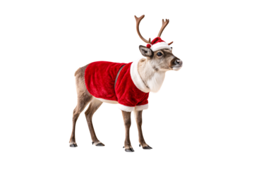 Real reindeer wearing Santa hat and red Christmas outfit for holiday photography, isolated on a transparent background