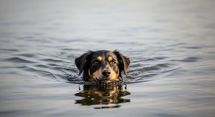 Dog Swimming in Calm Water, Peaceful Moment.