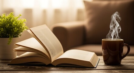 Fototapeta premium Cozy Reading Scene with Open Book and Steaming Coffee Mug on Wooden Table.