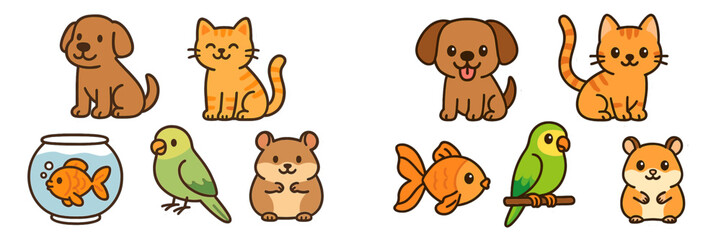 Fototapeta premium Cute cartoon pets featuring dogs, cats, fish, birds, and hamsters in a fun and colorful design