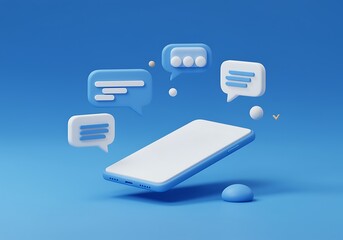Modern Smartphone with Floating Speech Bubbles for Communication and Digital Connection on Blue Background 3D Rendering