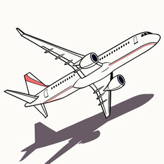 Modern passenger jet airplane in flight with engines and shadow against a white background