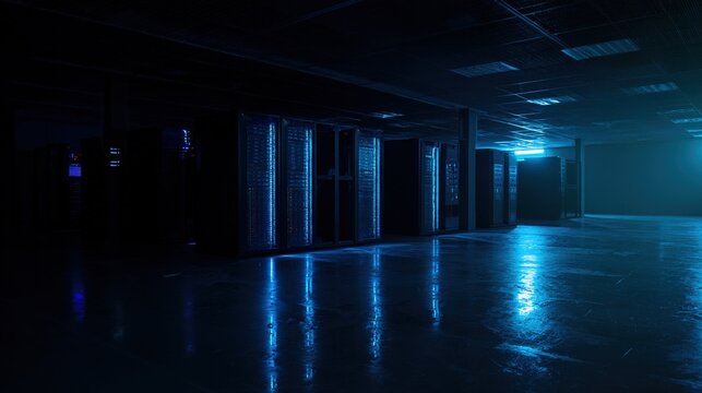 An abstract view of a server room with a atmospheric glow from numerous blue LED lights creating a gradient effect.