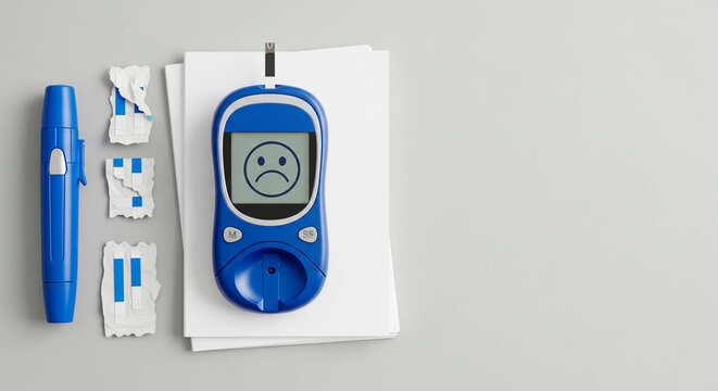 A blood glucose monitor showing a sad face, next to a lancet and test strips. Diabetes, blood sugar management, health, medical, and illness concepts.