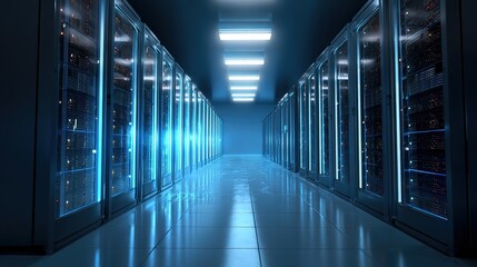 An abstract view of a server room with a atmospheric glow from numerous blue LED lights creating a gradient effect.