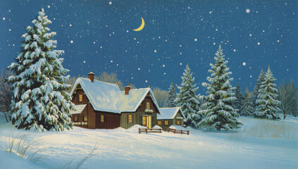 vintage drawing of a winter snow-covered house