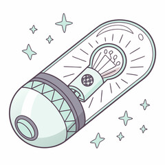 Stylized illustration of a glowing light bulb inside a transparent capsule surrounded by stars