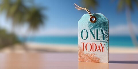 Promotional Discount Tag with Text Only Today on Beach Background