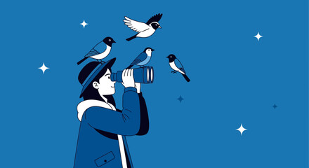 Enthusiastic Observer Spotting Avians Using Binoculars Beneath The Nighttime Sky