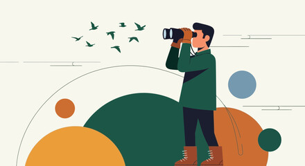 Enthusiastic Observer Outdoors, Watching Birds With Binoculars, Enjoying The View