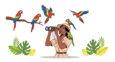 Fototapeta premium Enthusiastic Observer of Tropical Birds Awaits, Discovering Natural Wonders and Fauna
