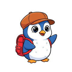  Cute Cartoon Penguin with Backpack and Cap 