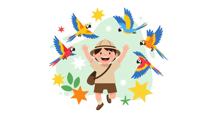 Fototapeta premium Enthusiastic Young Explorer Joyfully Interacting With Bright Colorful Parrots In A Playful Scene