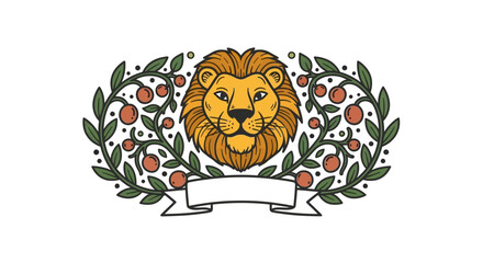 Lion Head Framed by Laurel Wreath with Berries and a Banner.