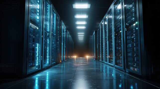 An abstract view of a server room with a atmospheric glow from numerous blue LED lights creating a gradient effect. - Powered by Adobe