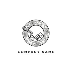 Minimalist Wood Grain Circle Logo with Mountain and Tree Design.