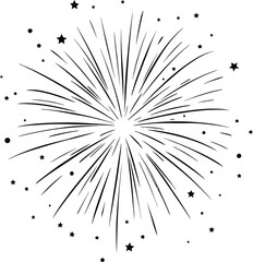 Obraz premium Festive Firework Burst Illustration — Minimalist Black and White Design Featuring Radiating Lines, Stars, and Dots in Stylized Explosion Pattern Representing Celebration, Joy, and Event Highlights