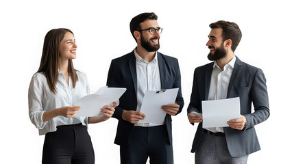 Three smiling business people holding documents in a collaborative office space