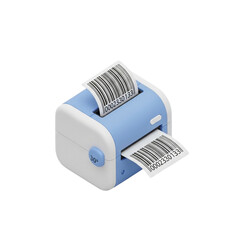 Isometric 3D pastel white and blue barcode printer printing a label in toy like smooth rounded design isolated on white