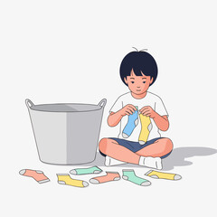 Young boy sorting colorful socks while sitting on the floor  