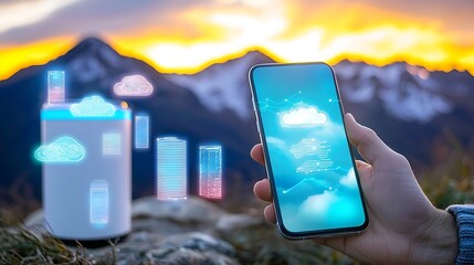 Modern Technology Concept with Smartphone and Cloud Data Storage Over Scenic Mountain Sunset Background