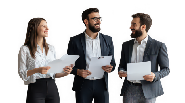 Three smiling business people holding documents in a collaborative office space