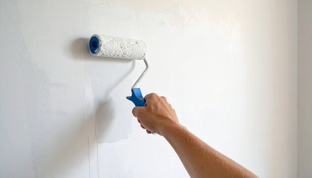 A hand rolls fresh white paint onto a wall using a blue-handled roller—its shadow and smooth stroke evoke home renewal, tactile rhythm, and the quiet satisfaction of transformation in progress.