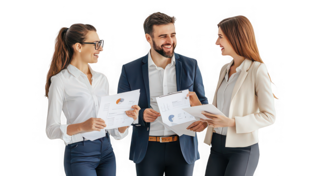 Business team collaborating on project review with charts and graphs together