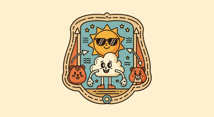 Retro Weather Cartoon Characters in a Decorative Frame.