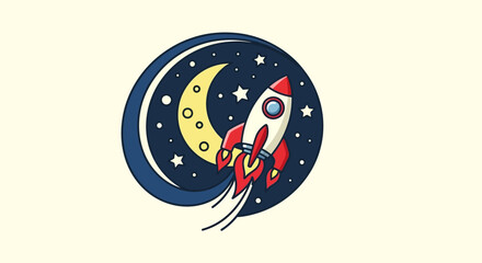 Rocket Ship Launching to the Moon with Stars, Space Exploration.